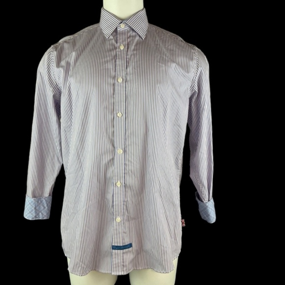 English Laundry Shirt Mens 16 34/35 Blue Stripe Flip Cuff Embroidered Logo (812)